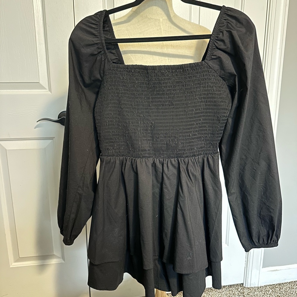 Express Black Smocked Peplum Long Sleeve Dress